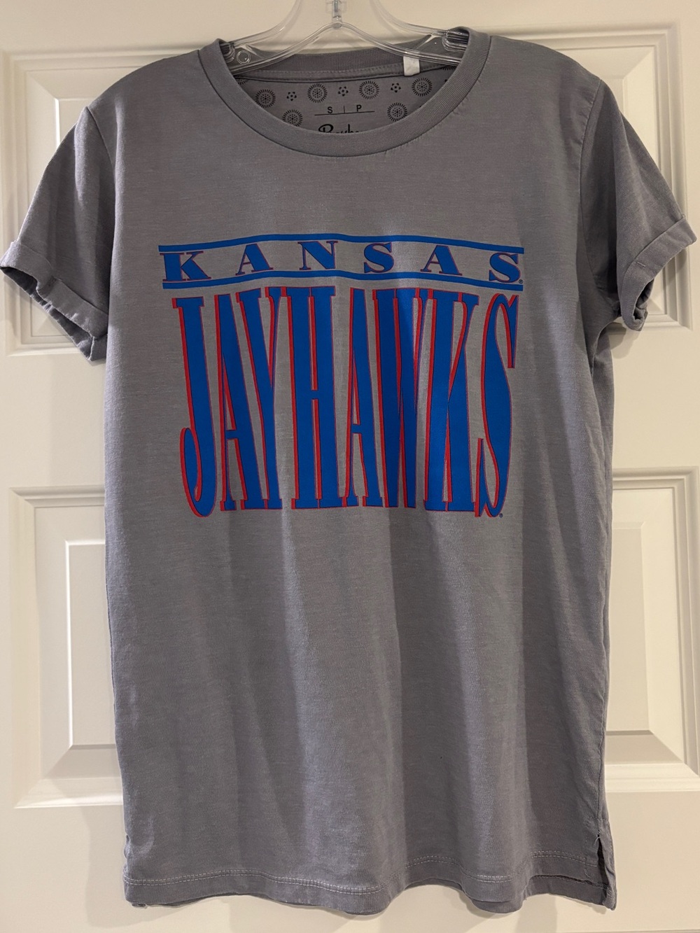 Kansas Jayhawks Graphic Tee in Gray with Blue & Red Print